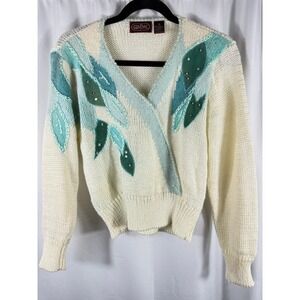 GINENNE Vintage Embellished‎ Leaf Pattern V Neck Wrap Style Knit Sweater